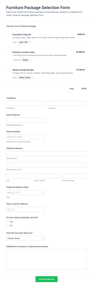 Furniture Package Selection Form Template