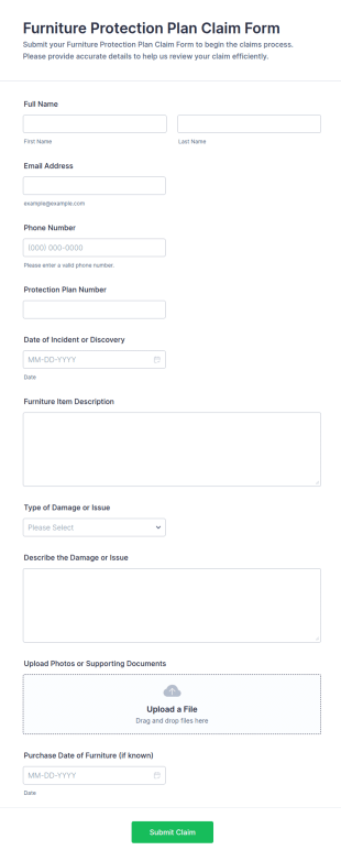 Furniture Protection Plan Claim Form Template