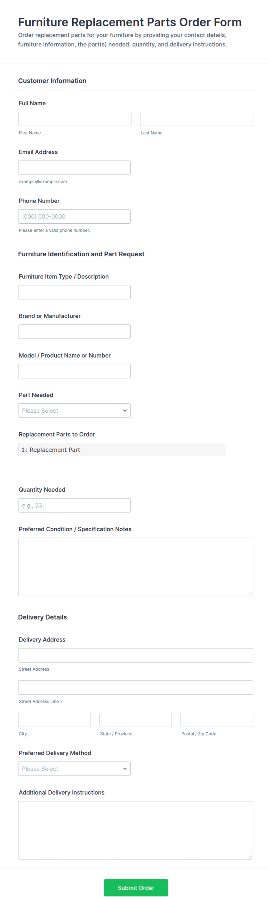 Furniture Replacement Parts Order Form Template | Jotform