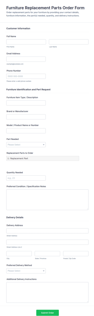 Furniture Replacement Parts Order Form Template