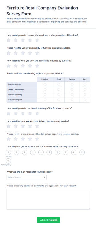 Furniture Retail Company Evaluation Survey Form Template