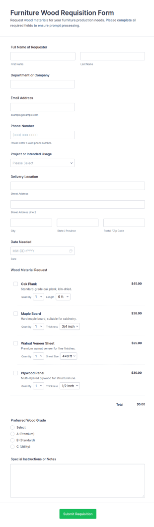 Furniture Wood Requisition Form Template