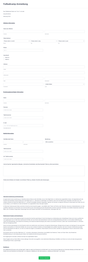 Fußballcamp Anmeldeformular