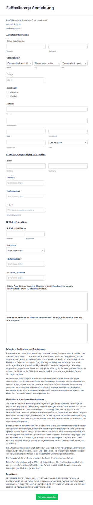 Fußballcamp Anmeldeformular