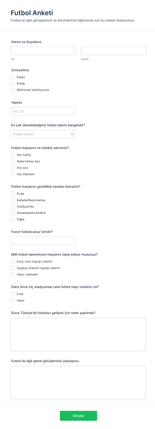 Futbol Anketi Form Şablonu