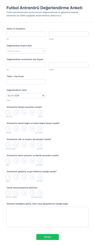Futbol Antrenörü Değerlendirme Anketi Form Şablonu