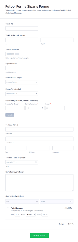 Futbol Forma Sipariş Form Şablonu