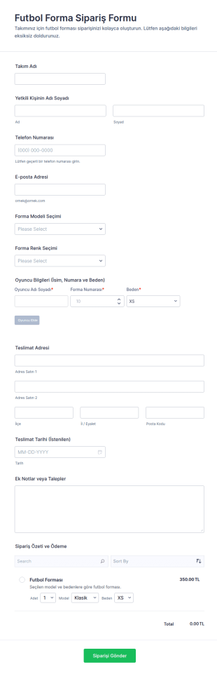 Futbol Forma Sipariş Form Şablonu