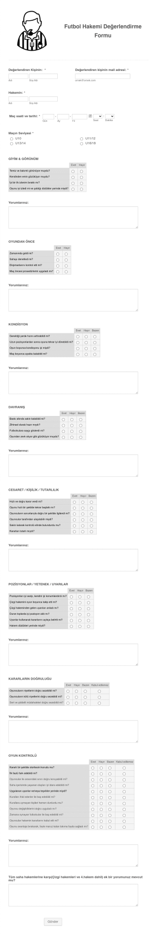 Futbol Hakemi Degerlendirme Form Template