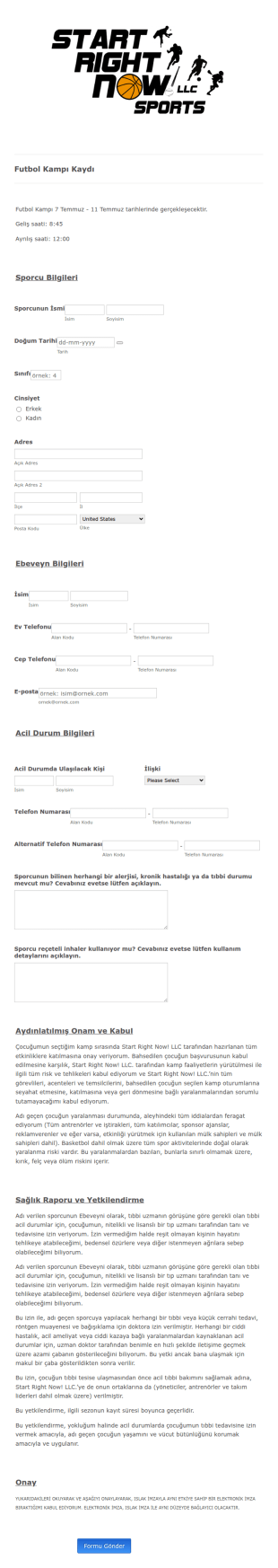 Futbol Kampı Kayıt Form Şablonu
