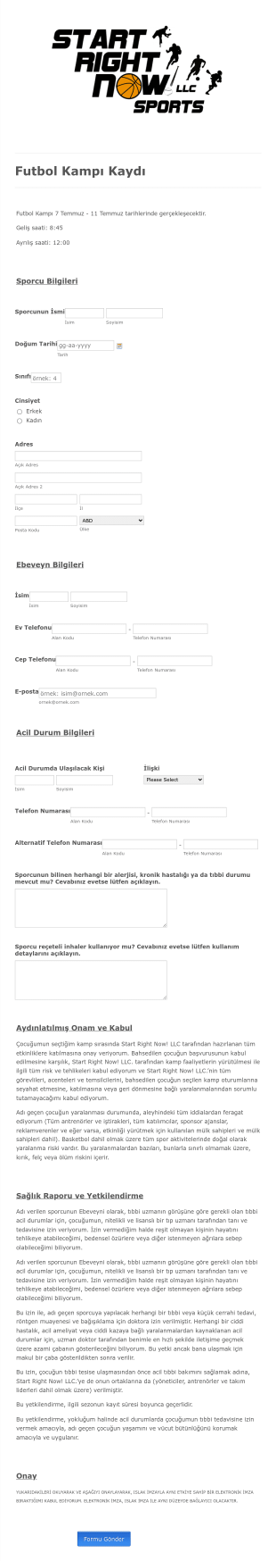 Futbol Kampı Kayıt Form Şablonu