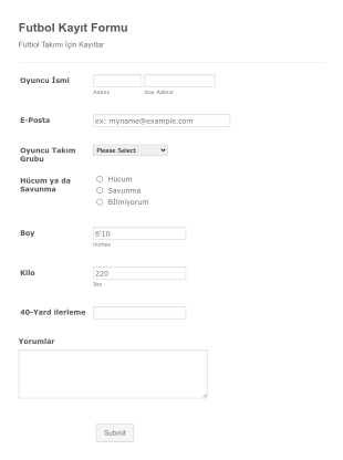 Futbol Kayıt Form Template