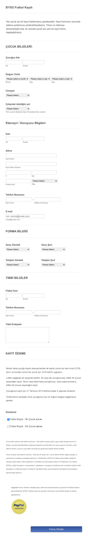 Futbol Okulu Kayıt Form Şablonu