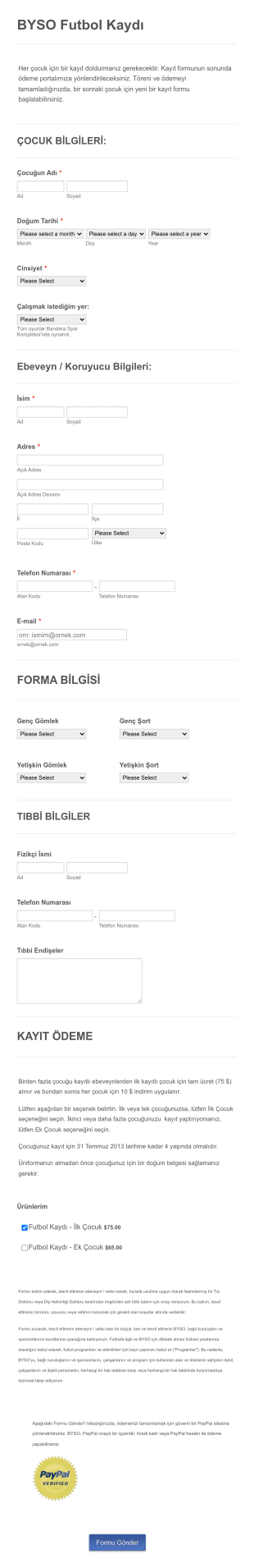 Futbol Okulu Kayıt Form Şablonu