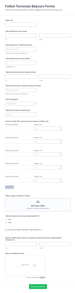 Futbol Turnuvası Başvuru Form Şablonu