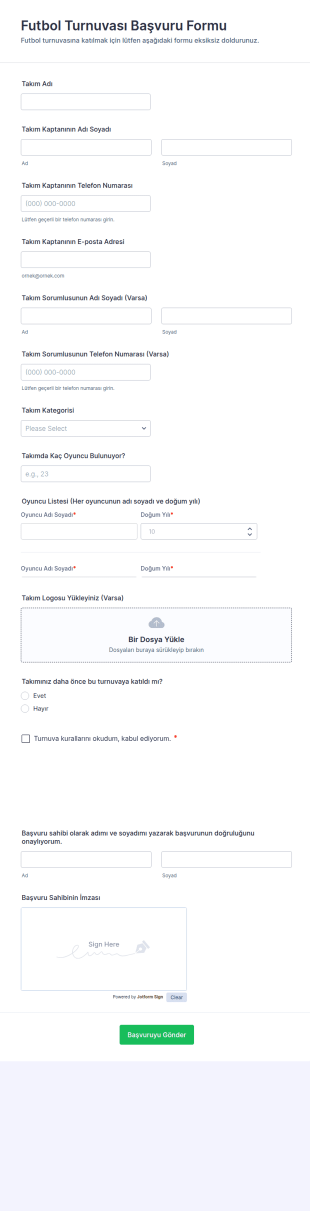 Futbol Turnuvası Başvuru Form Şablonu