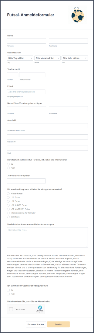 Futsal Anmeldeformular Form Template