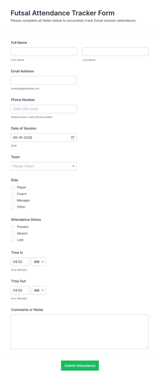Futsal Attendance Tracker Form Template