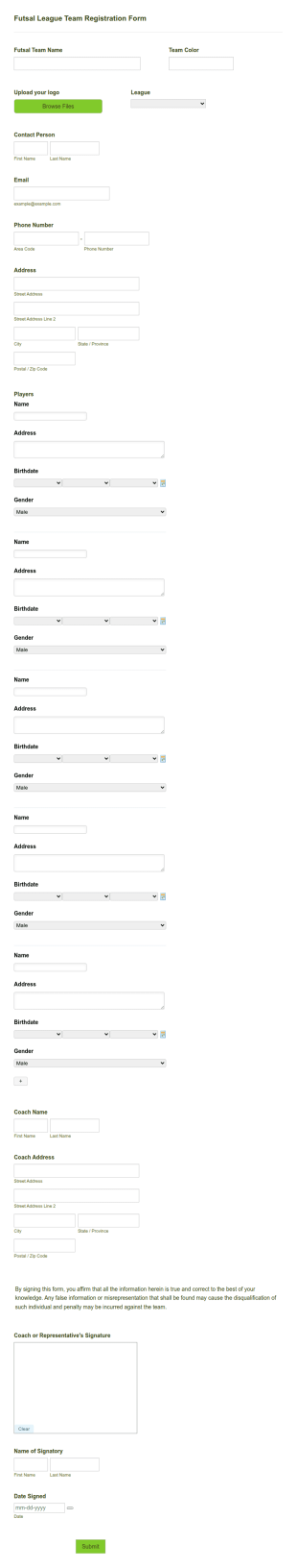 Futsal League Team Registration Form Template