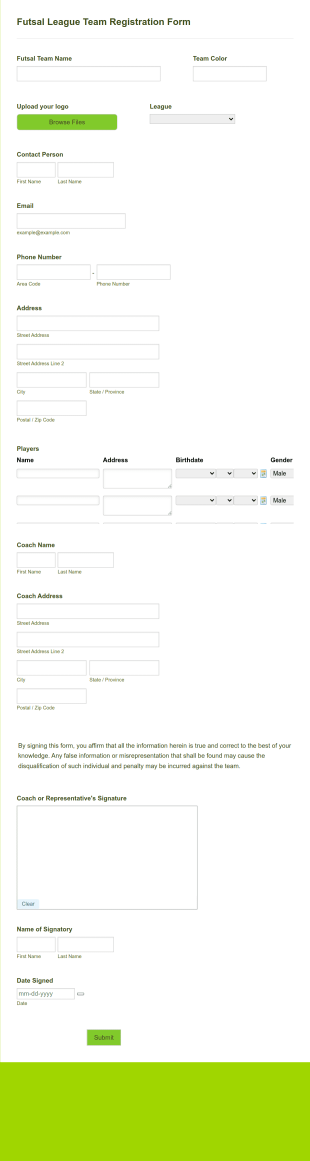 Futsal League Team Registration Form Template