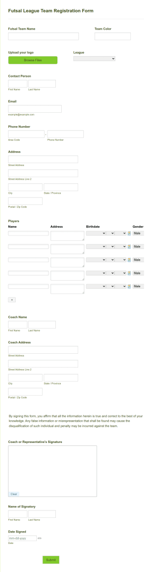 Futsal League Team Registration Form Template