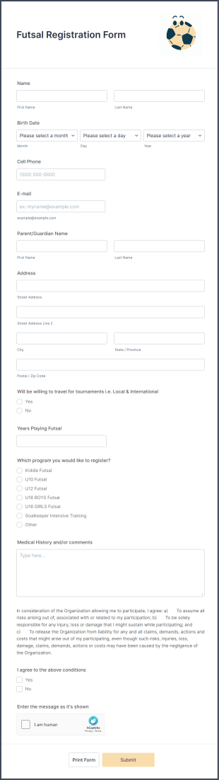 Futsal Registration Form Template