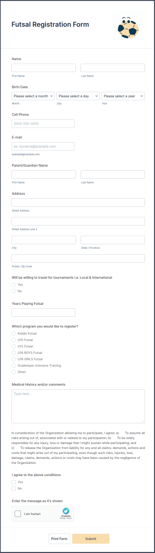 Futsal Registration Form Template