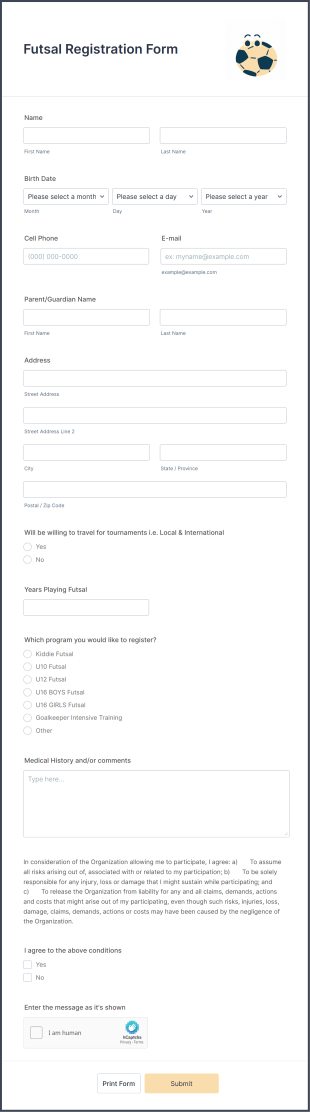 Futsal Registration Form Template