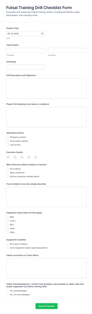 Futsal Training Drill Checklist Form Template