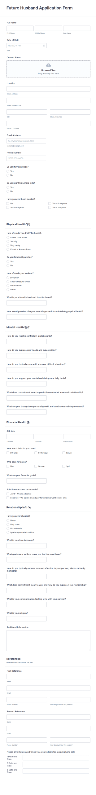 Future Husband Application Form Template
