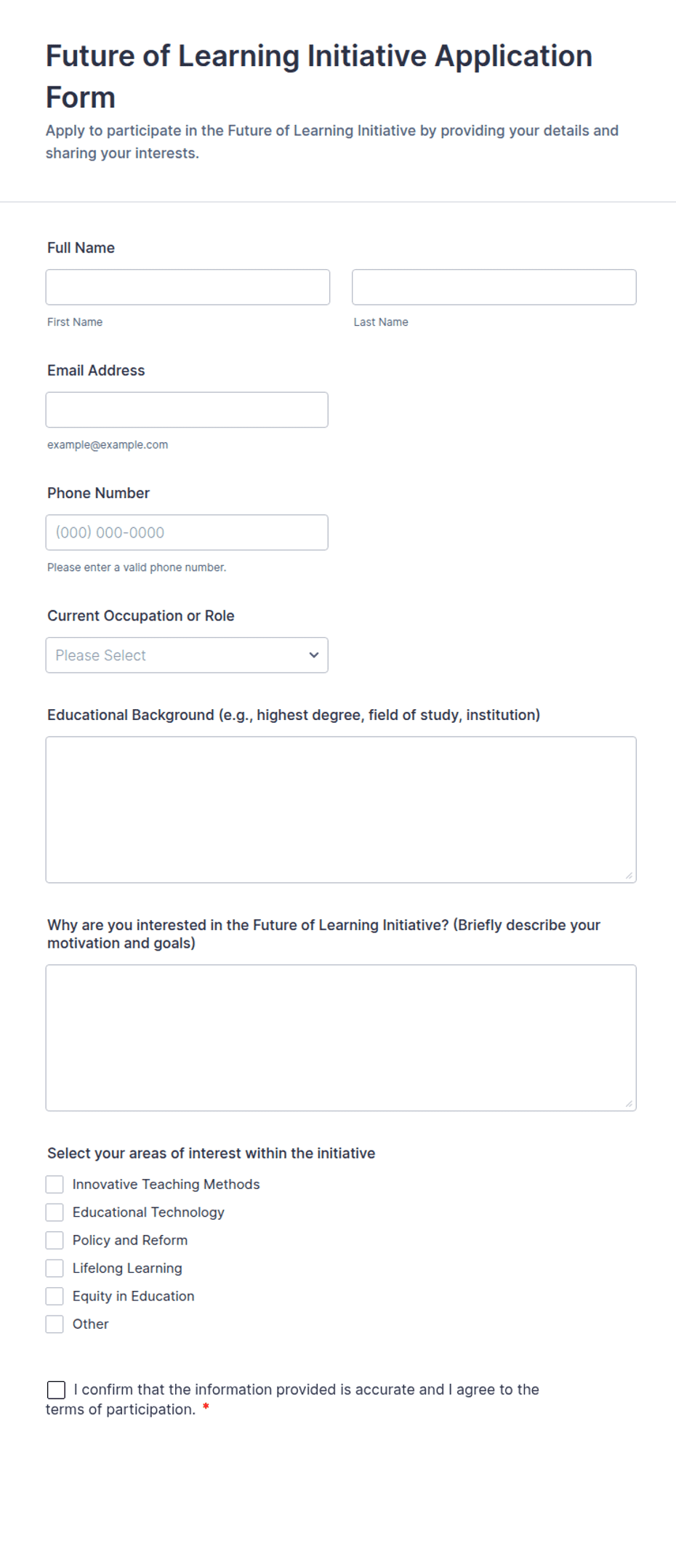 Initiative Application Example Future of Learning Initiative Application Form Template | Jotform