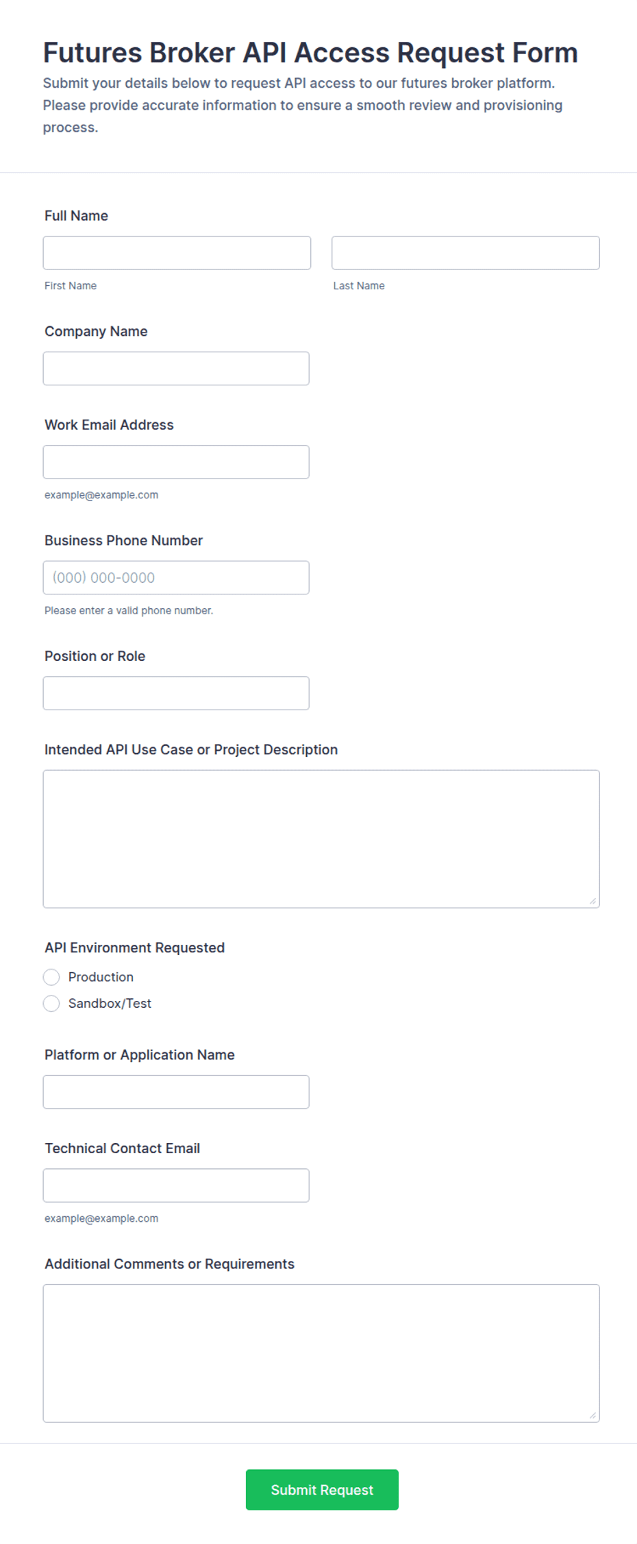 Futures Broker API Access Request Form Template | Jotform