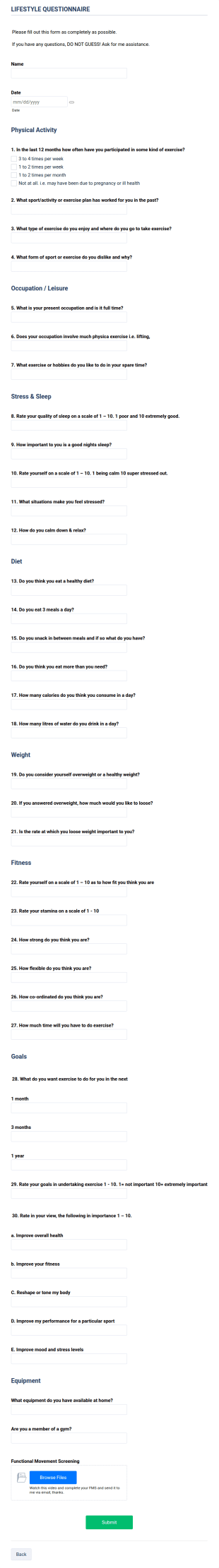 G Fitness Lifestlye Questionnaire Form Template