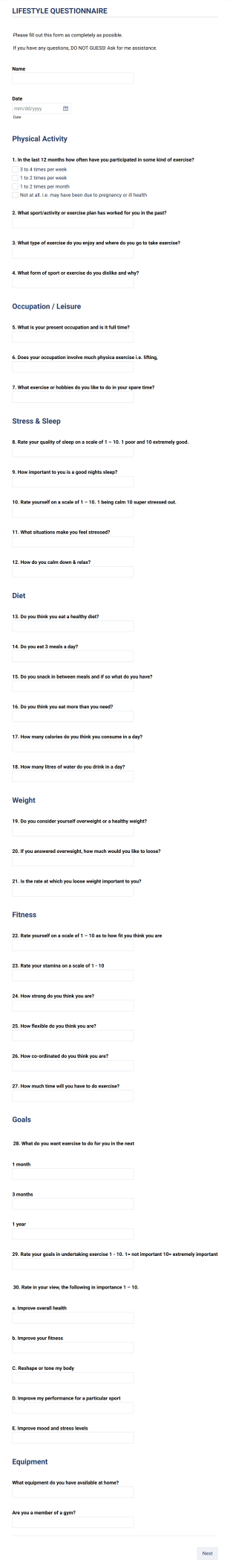 G Fitness Lifestlye Questionnaire Form Template