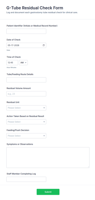 G Tube Residual Check Log Form Template