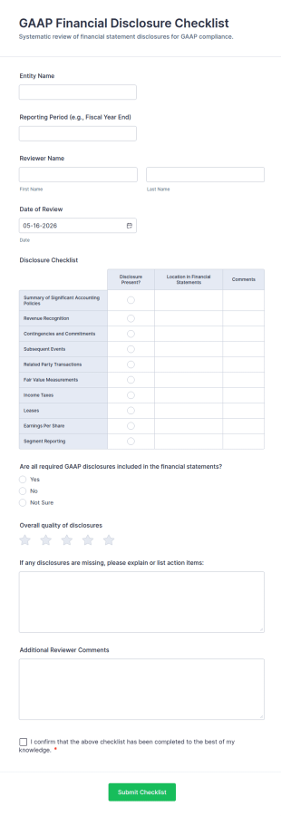 GAAP Financial Disclosure Checklist Form Template