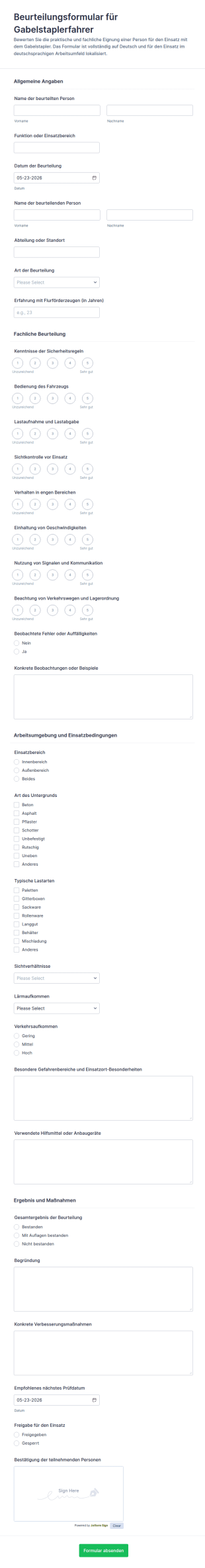 Gabelstaplerfahrer Bewertungsbogen