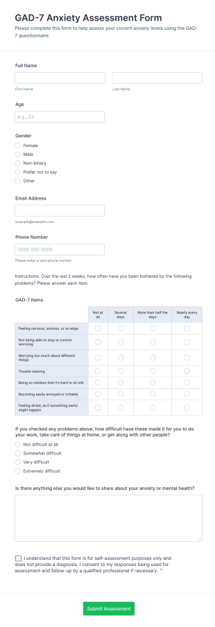 GAD 7 Anxiety Assessment Form Template