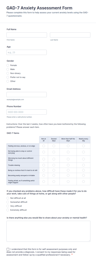 GAD 7 Anxiety Assessment Form Template