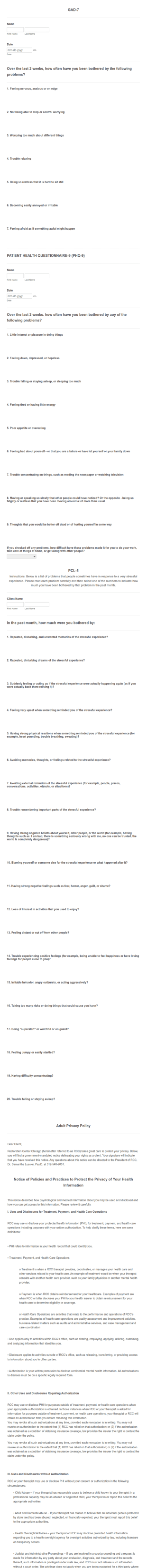 Patient Psychological Health Questionnaire Form Template