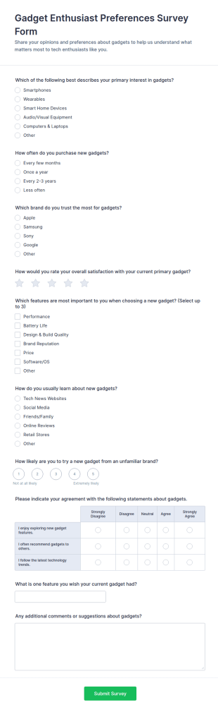 Gadget Enthusiast Preferences Survey Form Template