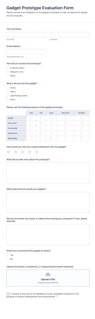 Gadget Prototype Evaluation Form Template