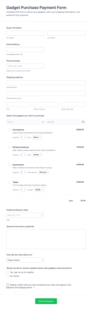 Gadget Purchase Payment Form Template