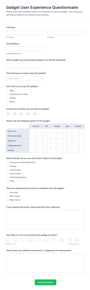 Gadget User Experience Questionnaire Form Template