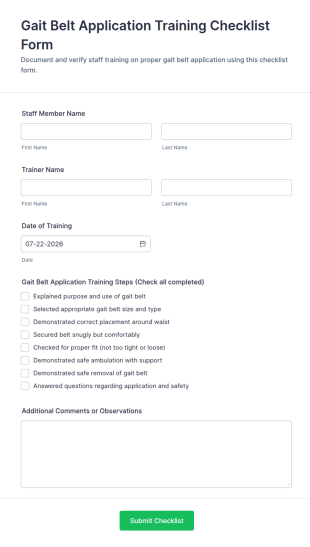 Gait Belt Application Training Checklist Form Template