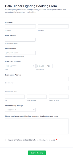 Gala Dinner Lighting Booking Form Template
