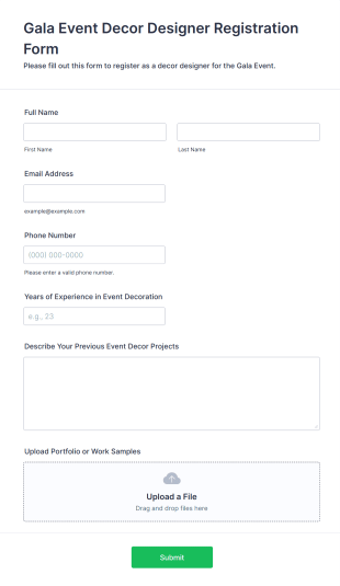 Gala Event Decor Designer Registration Form Template