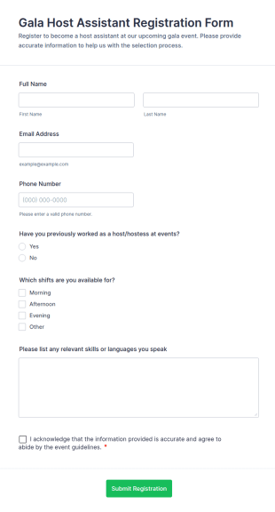 Gala Host Assistant Registration Form Template