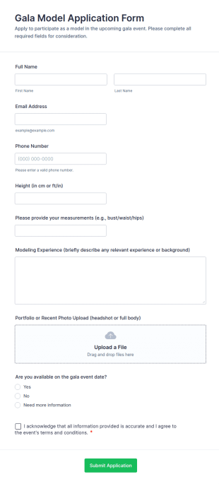 Gala Model Application Form Template