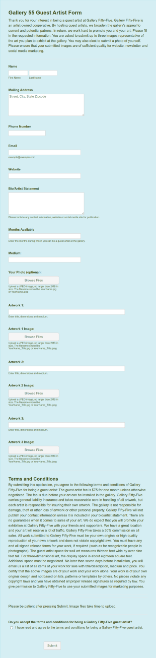 Gallery 55 Guest Artist Form Template